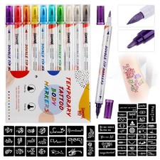Temporary Tattoo Markers for Skin 10 Body Dual-End Markers and 56 Tattoo