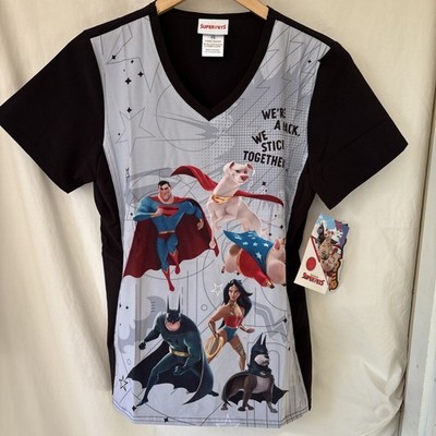Superpets Scrub Top Women's Size.XS Black Superman Batman Justice League NWT