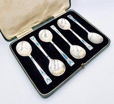 ART DECO STERLING SILVER & TURQUOISE ENAMEL CASED SPOONS Sheffield 1937