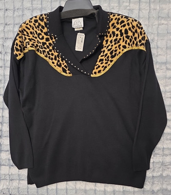 NWT Gantos Vintage Black w/ Leopard Studded Pullover Sweater Women's Large