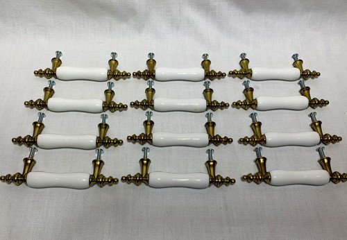 12 White Ceramic Drawer Handles Pulls Gold Ends Flare Foot 5" Across w/ Screws