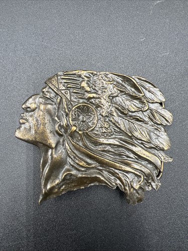 vintage USA made NATIVE AMERICAN belt buckle INDIAN CHIEF western BRASS cowboy