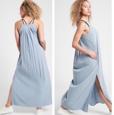 Athleta Hayes Pleated Maxi Dress Women S/ T Dusty Blue Sleeveless Pockets Active