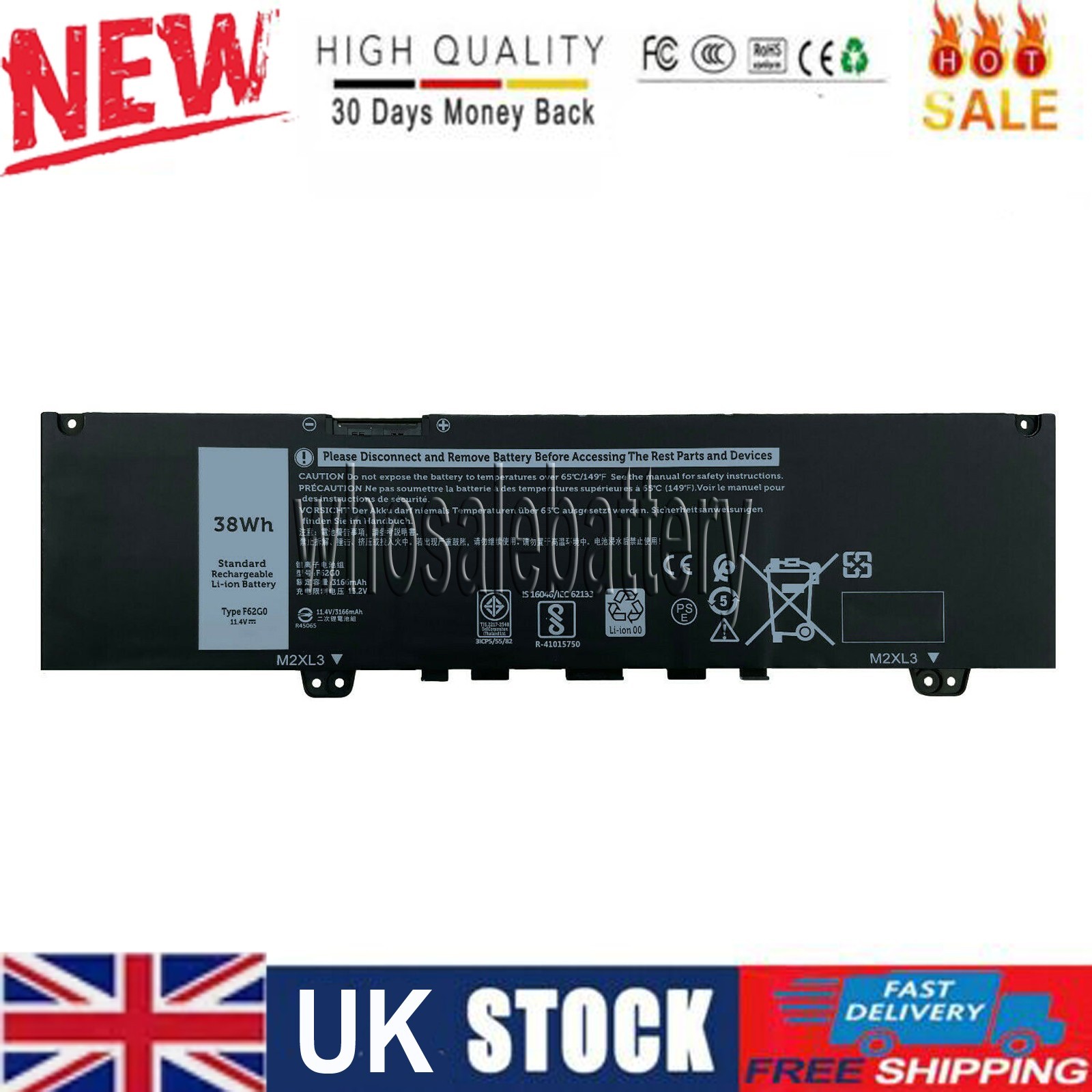 38WH F62G0 battery for Inspiron 13 5370 7370 7373 7380 7386 Vostro 13-5370 39DY5