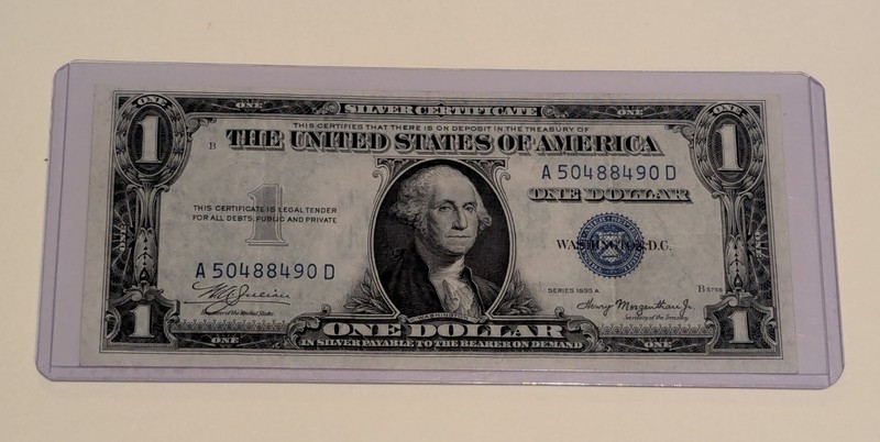 US One Dollar, 1935 A, $1 Silver Certificate, Unc, Misaligned Cut