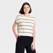 Women Crewneck Cap Sleeve Button-Front Sweater Vest - A New Day Cream/Black