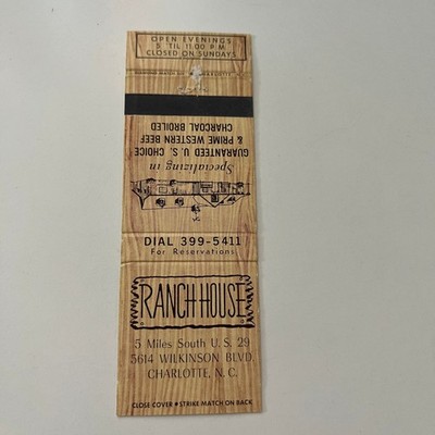 Ranch House Prime Western Beef Charlotte NC Vintage Matchbook Cover SMB40-5