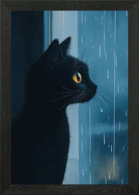Schwarze Katze beobachtet Regen gerahmtes Wandbild Poster Leinwanddruck Bild