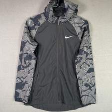 Nike Windbreaker Jacket Womens Small Black Geometric Hooded Full Zip AQ4743-010