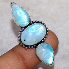925 Silver Plated Long Rainbow Moonstone Ring US 7.5 One Of A Kind Design GW