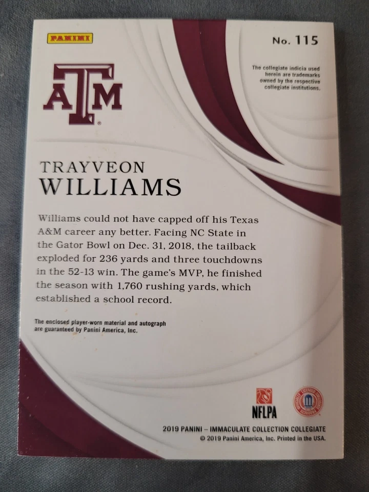 2019 Panini immaculate Trayeon Williams #115 Patch Auto /99 - Image 2 of 2