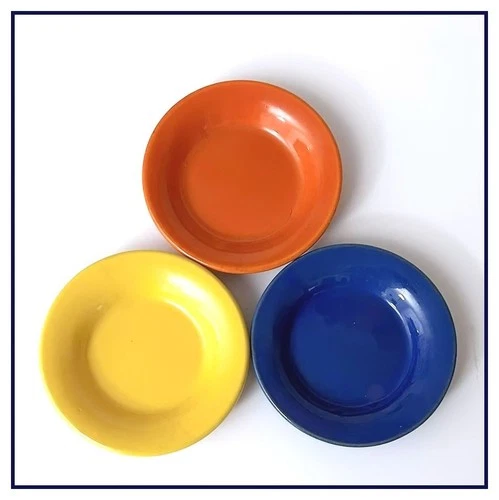 BAUER POTTERY  3 Vintage Butter Plates, Orange, Yellow, Cobalt Blue, Excellent
