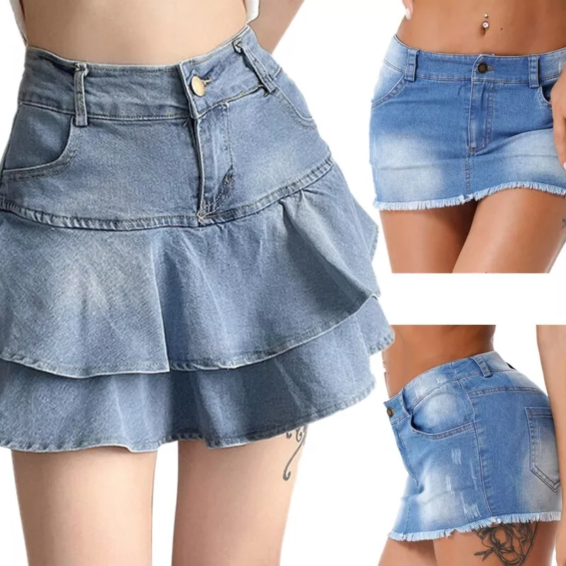 Women's Denim Mini Skirt Y2k Girls A-Line Pleated Ruffle Jean Short Skirt  High Waist A-line Skirt 