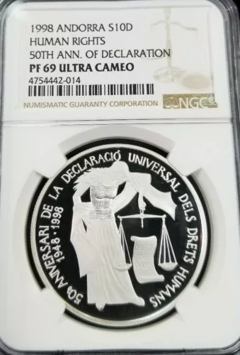 1998 ANDORRA SILVER 10 DINERS S10D HUMAN RIGHTS NGC PF 69 ULTRA CAMEO