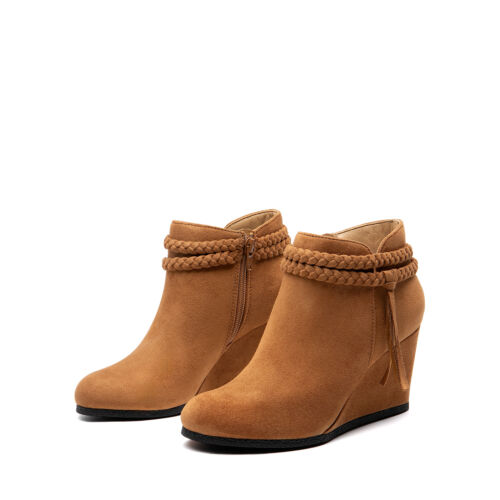 Women's Ankle Boots Unique Braided-Straps with Comfortable Wedge Heel Almond Toe
