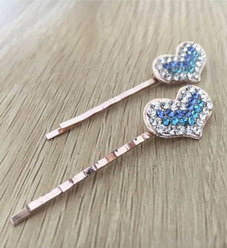 Heart Hair Clips Blue Rose Gold Hair Pins Hairclip Rhinestones Girls Jewelry - Picture 2 of 4