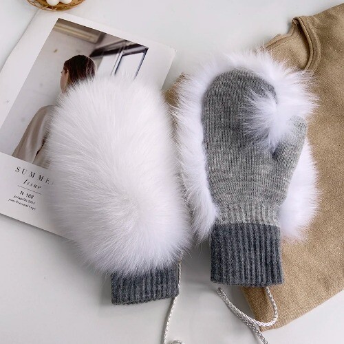 Real Fur Gloves Knitted Women Mittens Winter Fashion Fluffy Warm Real Fur Gloves - Bild 28 von 31