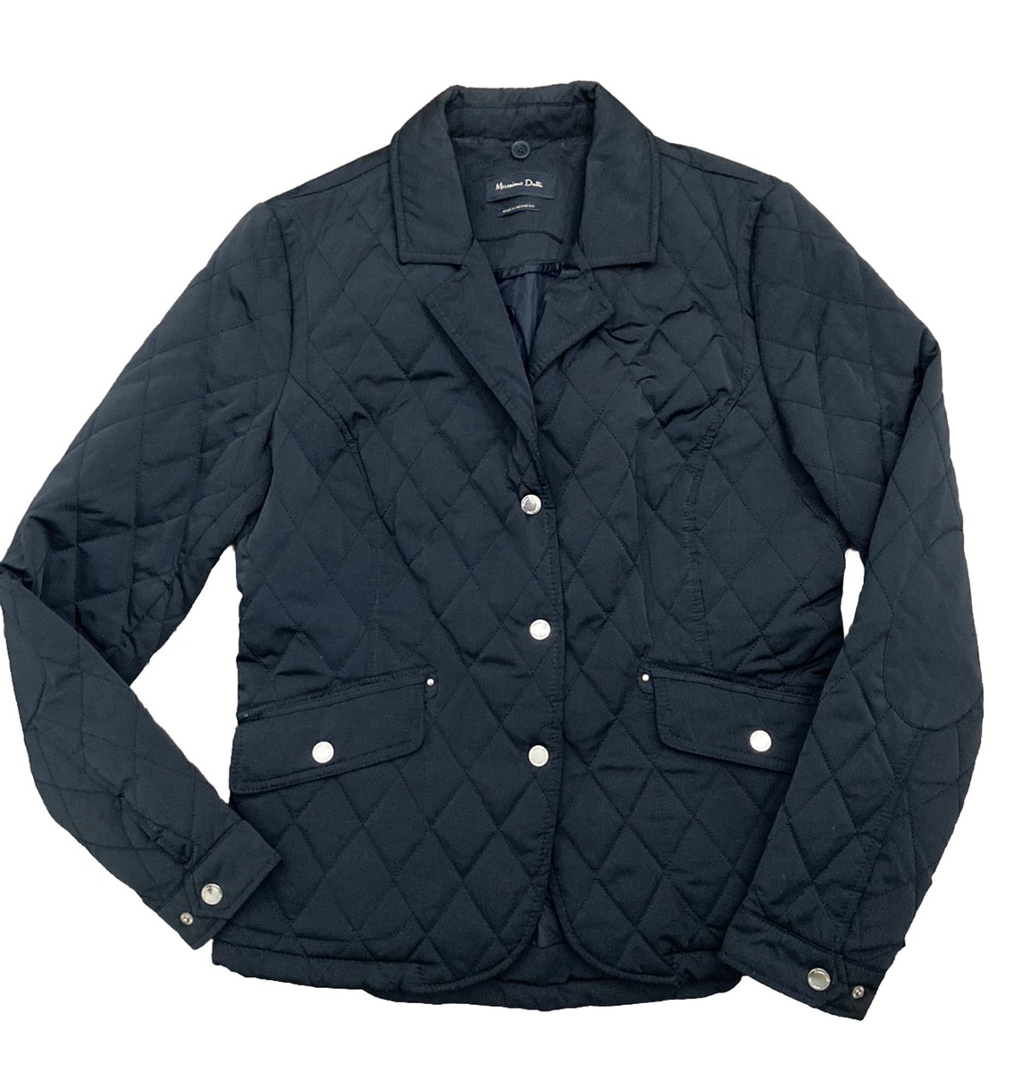 Massimo Dutti Black Quilted Jacket Gold Accents Collared Pockets