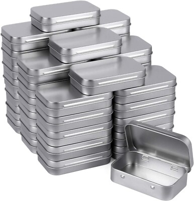 40 Pack Metal Rectangular Empty Hinged Tins, Silver Mini Portable Box Containers