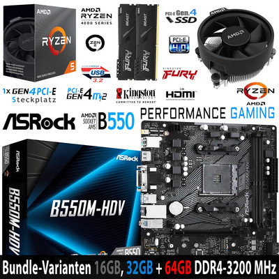 PC Bundle AMD Ryzen 5 4500 Box CPU ASRock B550M-HDV mit 16, 32 oder 64GB DDR4