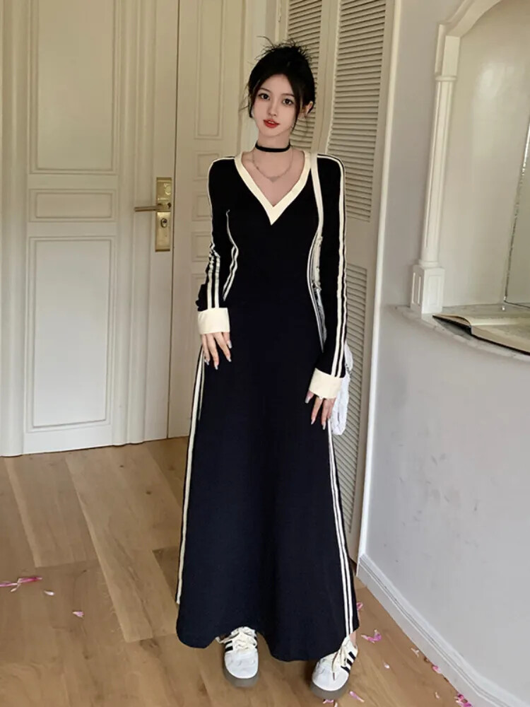 V-neck Long-sleeved Dress Women Fall Clothes Vintage Robe Casual Loose  Dresses