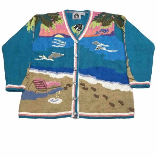 Storybook Knits Womens TROPICAL DREAM Cardigan Sweater 1X Teal DOLPHINS NEW