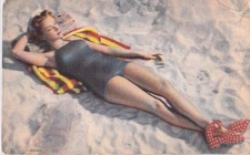 Beach Pin Up Bathing Beauty  Vintage Linen Postcard 1947 Red Sandals