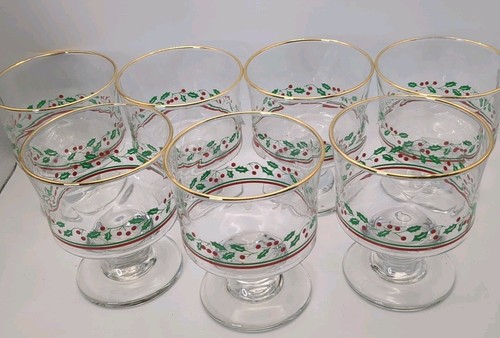 7 Vintage Libbey Weihnachten Stechpalme Beere Goldrand Wasserkelche Gläser Stielgläser 8 Unzen