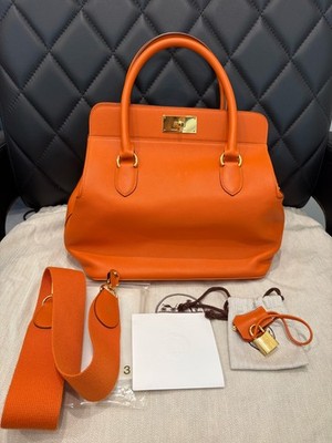 Hermes Toolbox 26 Orange Evercolor Leather Handbag Gold Hardware DetachableStrap