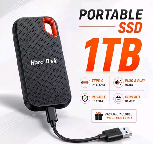 SSD externe portable 1 To USB-C noir/orange compact Plug & Play câble inclus 1