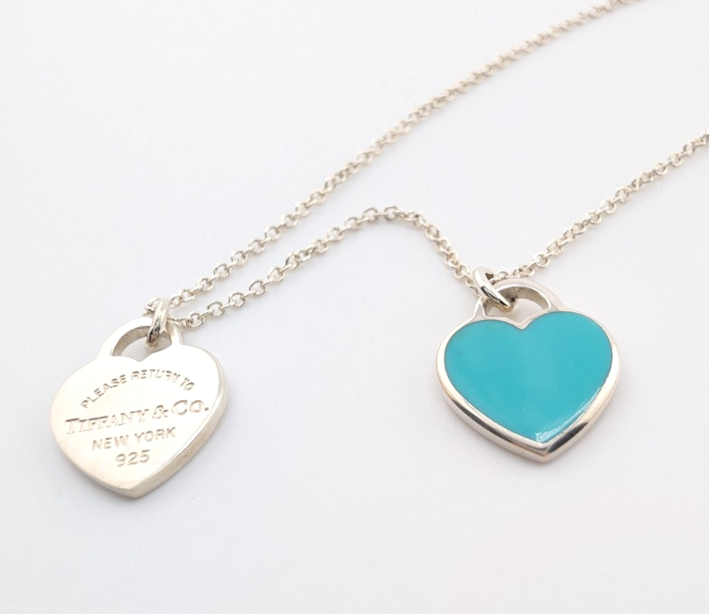 Tiffany & Co Sterling Silver 925 Blue Enamel Double Heart Necklace