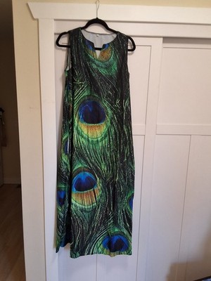 Peacock Feather Print Maxi Dress, Sleeveless, V-Neck, Green Blue Yellow  Black, M | eBay