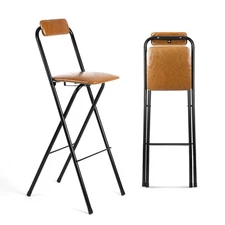 1 Pcs 27.5'' Folding Bar Stool with Back Tall Brown Leather Folding Stool Cus...