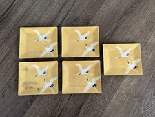 Vtg Tutanka Japanese Cloisonne Enamel Tray Flying Cranes Gold Yellow 5 Pc