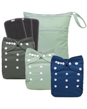babygoal Reusable Charcoal Cloth Diapers 3-Pack, Double Gussets, Washable, w/Ins