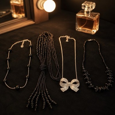 Black Silver Statement Necklace Lot 4pc Beaded Costume Jewelry