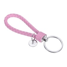 Braided Leather Keychain with Stainless Steel Key Ring Sleeve, Pink