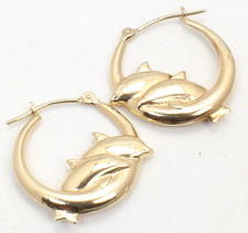 Dolphin Earrings Solid 14k Yellow Gold Jumping Huggie Dangle Hoop Ladies Pierced