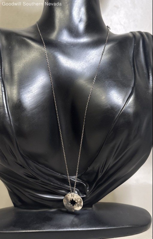 17" Sterling Silver Chain Circular Compass Pendant Necklace