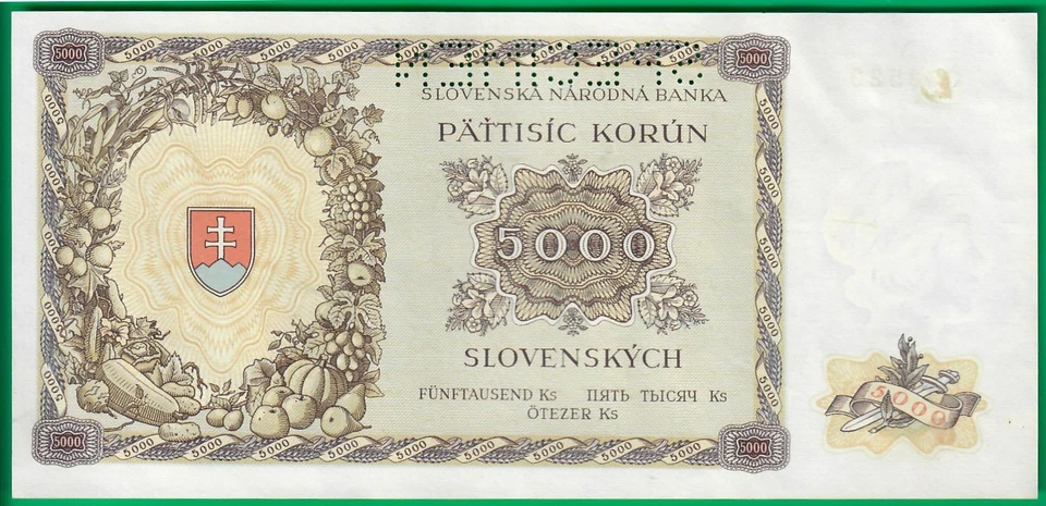 Slovakia 5000 korun 1944, P14s, UNC- w/ glue remnants on back but no folds! - Image 2 of 2