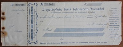 Scheck der Erzgebirgischen Bank Schneeberg-Neustädtel, vermutlich um 1920