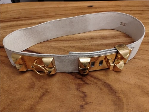 HERMÈS Hermes Collier de Chien Bracciale Cintura Medor Box Vitello Bianco Oro Rosa Taglia S