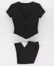 Black Textured Legging Butt Accent  Crop Top Double Zip Matching Set Womens M