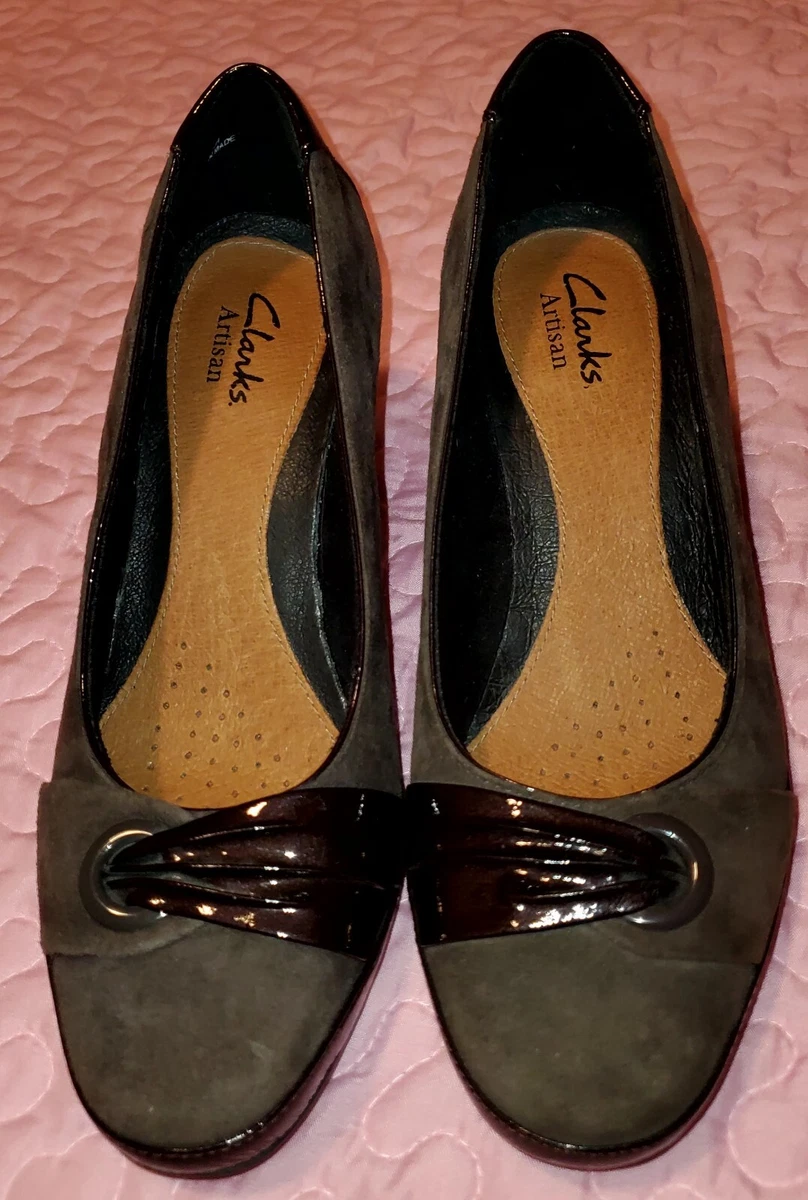 Clarks Artisan Heels Suede w Patent Leather Brown Size 7.5M |