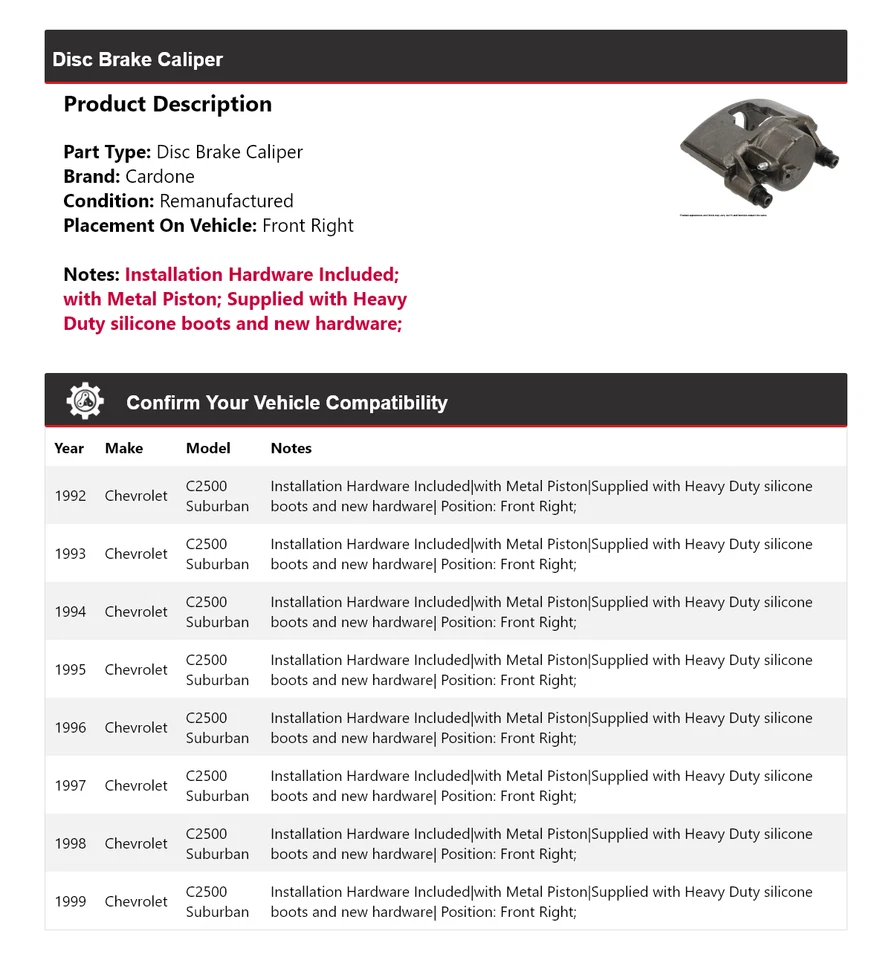 Pinza de freno de disco delantera derecha cardone para Chevrolet C2500 Suburban 1992-1999 Foto 2 de 4