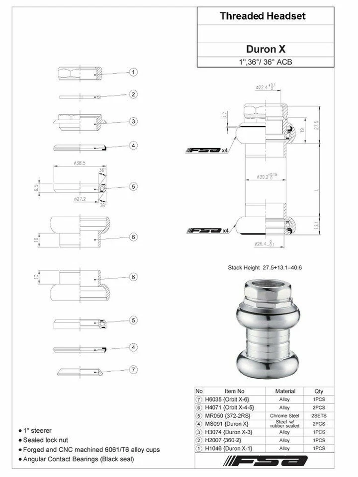 FSA Duron X 1" Threaded Headset 22.4/26.4mm Sealed Bearings w/FSA Logo Silverd - Image 4 of 4