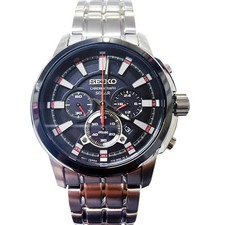 New Seiko SSC389 Chronograph Solar Stainless Black Dial Men's Watch New In Box