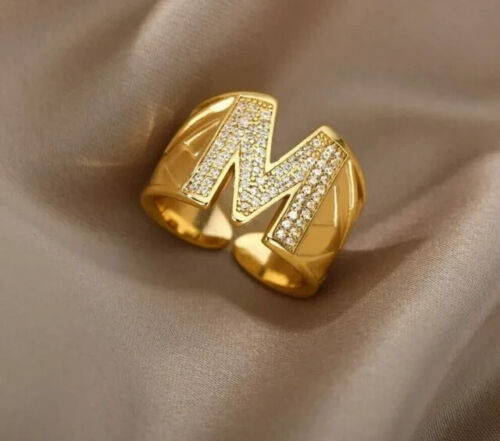 Real Moissanite 1.50Ct Round Cut Letter ''M'' Men's Ring 14K Yellow Gold Plated - Picture 1 of 6