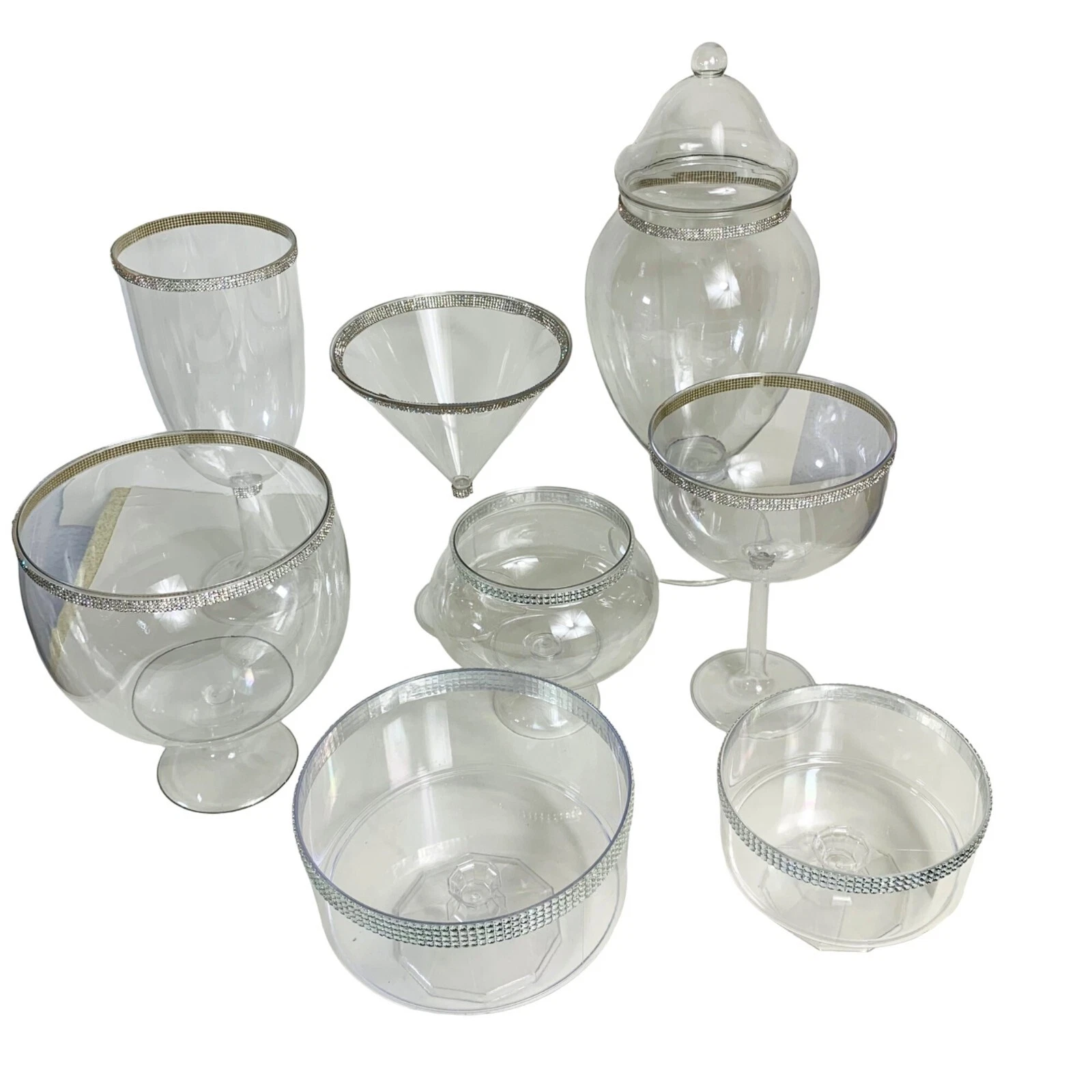 Candy Table Set Of 8 Clear Acrylic Apothecary Jars Bowls Rhinestone Trim Event