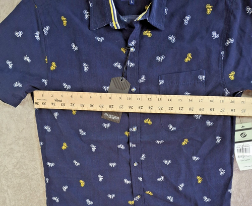 Drill Clothing Geometrix Men's L Navy w/Bicycles Short Sleeve Sueded Shirt NWT - Picture 2 of 9